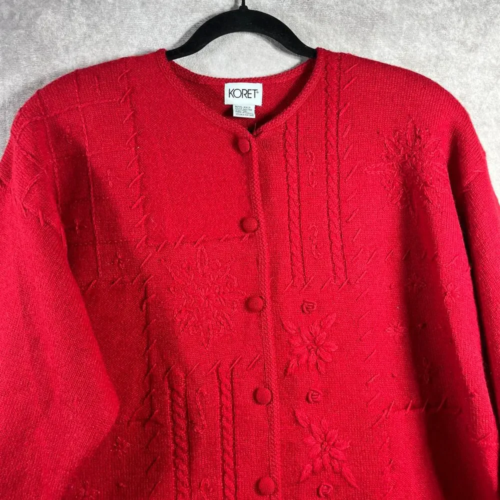 Koret Cardigan Sweater Womens Size 1X Red Knit Wool Button Front Artsy Old Money